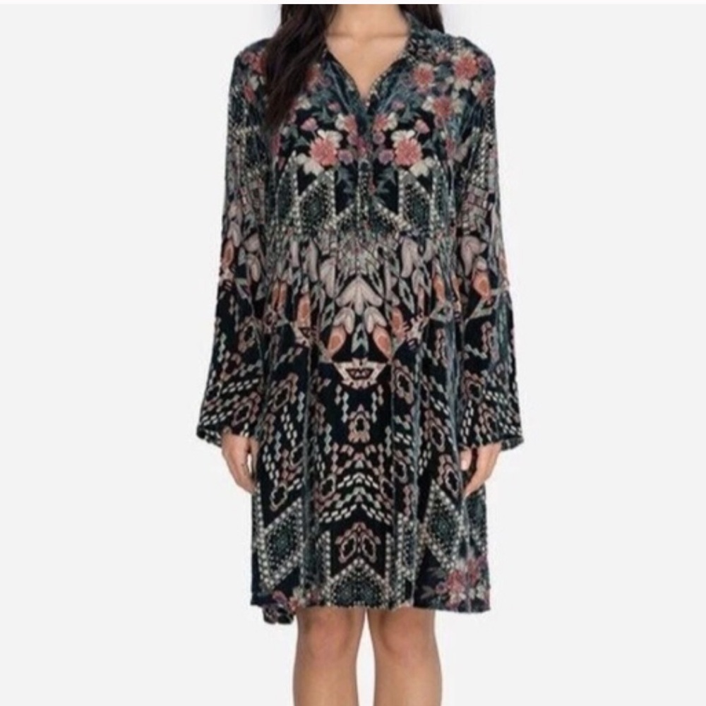 Johnny Was Marami Burnout Velvet Dress XS | Floral Boho Tunic No Slip
